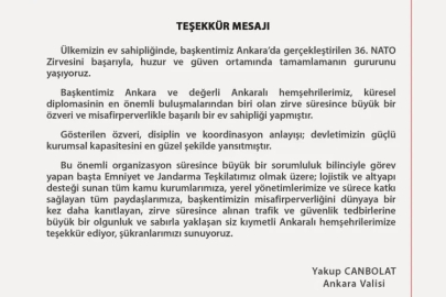 Ankara Valisi Canbolat’tan NATO Zirvesi teşekkürü