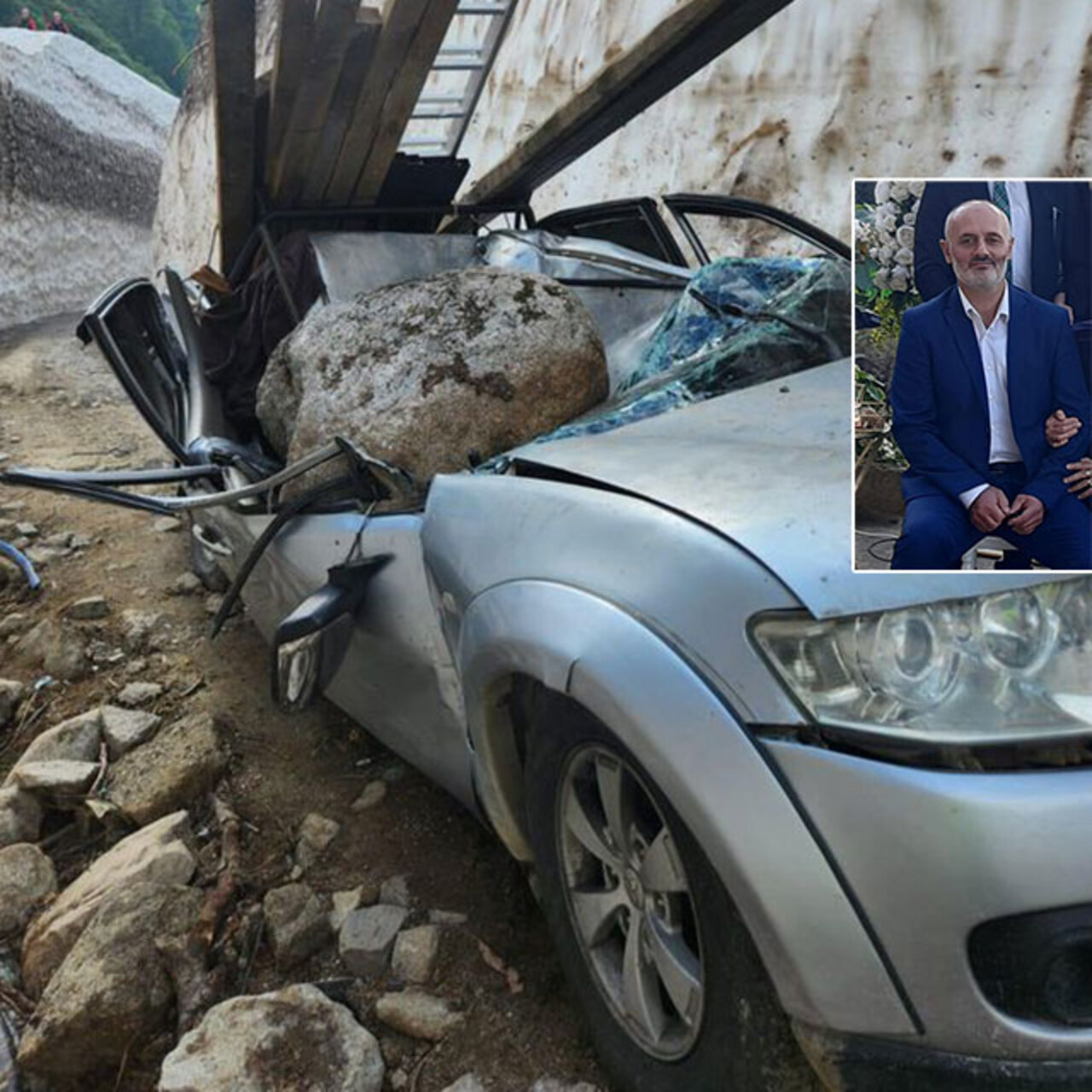 Araç hurdaya döndü… Yamaçtan kaya koptu!